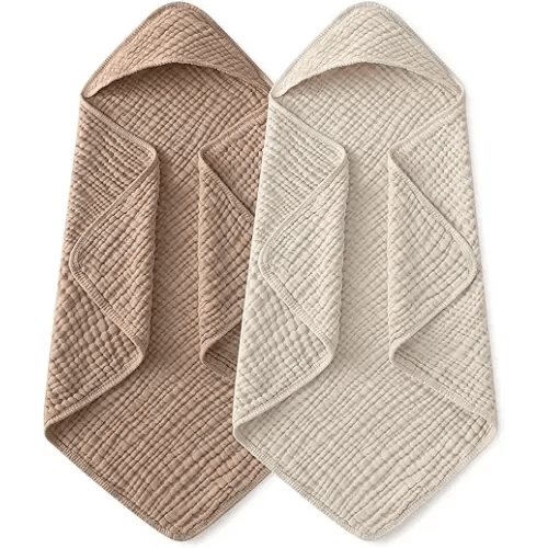 Yoofoss Hooded Baby Towels for Newborn 2 Pack 100% Muslin Organic Cotton Baby Bath Towel with Hood for Babies, Infant, Toddler and Kids, 32x32Inch, Soft and Absorbent Newborn Essential, Beige&Coffee