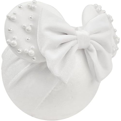 JIAHANG White Velvet Mouse Ears Turban Headwrap with Beads, Wide Hair Bow Headband for Baby Girls, Infants, Toddler, Kids, Party Supplie