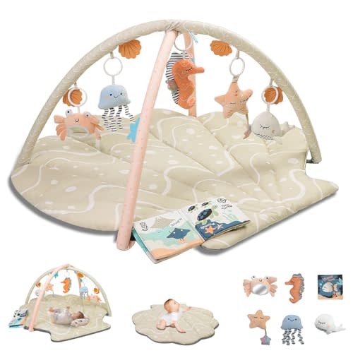 Baby Play Mat, Oversize Shell Tummy Time Mat with 6 Detachable Baby Activity Toys, Baby Gyms & Playmats for Babies 0-6 Months, Baby Mat for Floor Newborn Baby Shower Gifts (Beige)