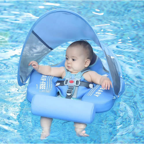 Cloth Mambobaby Newest Non Inflatable Baby Float Size Improved Add Tail Avoid Flip Over Swim Trainer Solid Infant Pool Float with Canopy UPF 50+ Swim Ring