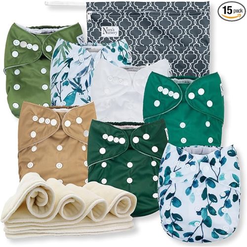 Nora's Nursery Morning Dew Cloth Diapers 7 Pack with 7 Inserts & 1 Wet Bag - Waterproof Cover, Washable, Reusable & One Size Adjustable Pocket Diapers for Newborns and Toddlers - Sage and Sea