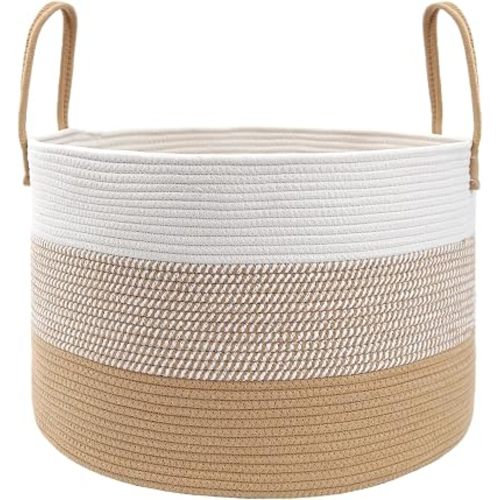JMvicyroam 65L Extra Large Blanket Basket for Living Room - Woven Cotton Rope Laundry Hamper with Reinforced Handles - Storage Bin for Pillows, Comforters & Toys - Machine Washable,White&Jute Mix