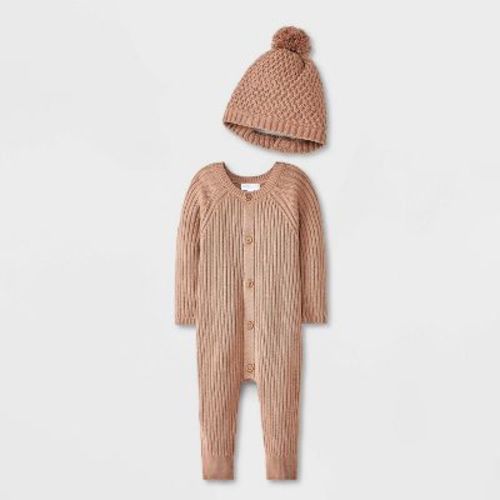 Grayson Mini Baby Button-front Romper With Hat - Brown 0-3m
