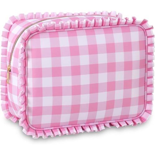 Gingham Ruffle Makeup Bag,Large Travel Cute Cosmetic Bag for Women Girls,Toiletry Bag Make up Organizer 10.8 x 4.5 x 8 inch (Pink Gingham)