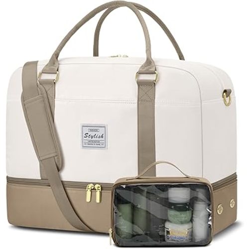 Weekender Bags for Women Travel Duffel- Overnight Bag for Women with Shoe Compartment Carry On Duffle Weekend Yoga Gym Bag Beige Khaki