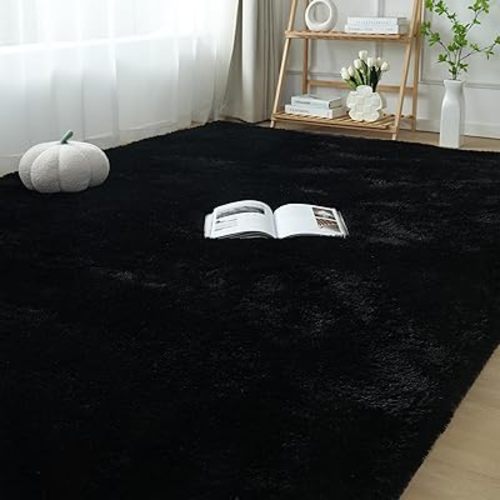 Fluffy Area Rug 5x7 Bedroom: Shag Rug for Bedroom - Area Rug 5x7 Black Plush Fuzzy Soft Carpet (Black, 5x7 Feet)
