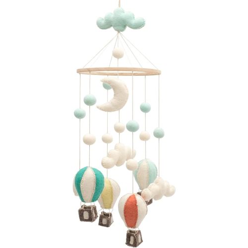 GLACIART ONE Baby Nursery Hot Air Balloon Mobile for Crib | Gender Neutral Felt Mobile for Nursery Decor | Felt Hanging Clouds & Felt Balls Room Decorations Handmade from Natural Wool |Great Gift Idea