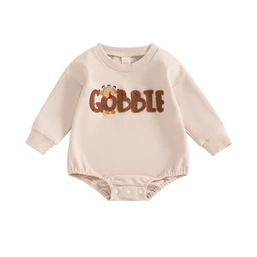 Gueuusu Unisex Baby Boy Girl Thanksgiving Outfit Gobble Turkey Bodysuit Embroidery Long Sleeve Bubble Romper Cute Baby Outfit