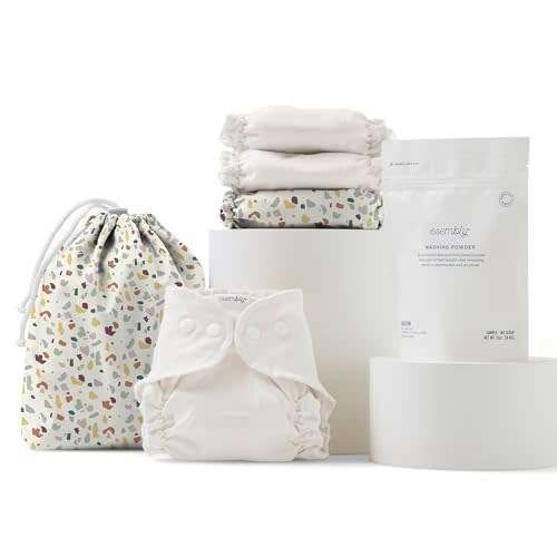 Esembly Cloth Diaper Try-It Kit, Starter Gift Set, Includes 3 Organic, Reusable Diapers Inners, 1 Stylish Outer, Patented Detergent & Wet Bag - Earth-Friendly Diapering, Terrazzo, Size 1 (7-18lbs)