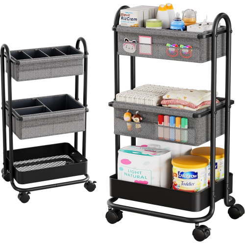 Baby Diaper Caddy Organizer Cart and Storage - 3 Tier Rolling Storage Cart with Wheels, Baby Essentials for Nursery Storage, Detachable Dividers - for Crib, Bedroom, Art & Craft Organizer