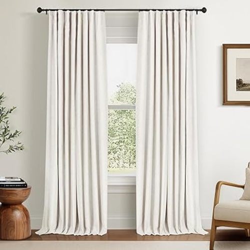 INOVADAY 100% Blackout Curtains for Bedroom, Black Out Curtains 84 Inch Long, Clip Rings Linen Blackout Drapes, Thermal Insulated Room Darkening for Living Room, 2 Panels - Beige,W50xL84