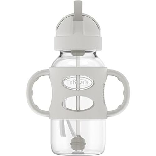 Dr. Brown's Milestones Wide-Neck Sippy Straw Bottle with 100% Silicone Handles and Weighted Straw, 9 oz/270 mL, Gray, 6m+