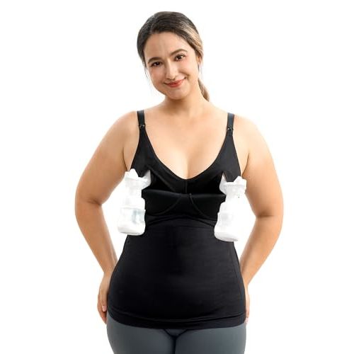 Momcozy Hands Free Pumping Tank Top, All-in-One Pumping & Nursing Tank Tops with Built-in Bra, Fixed Padding Maternity Cami