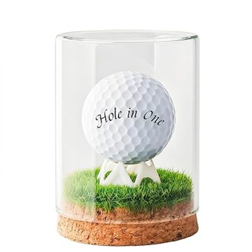 Rocalt Golf Ball Display Case, Hole in One Golf Ball Display Case, Clear Glass Golf Ball Holder with Cork Base, Lifelike Turf, and Plastics Tee, Golf Gifts Decor