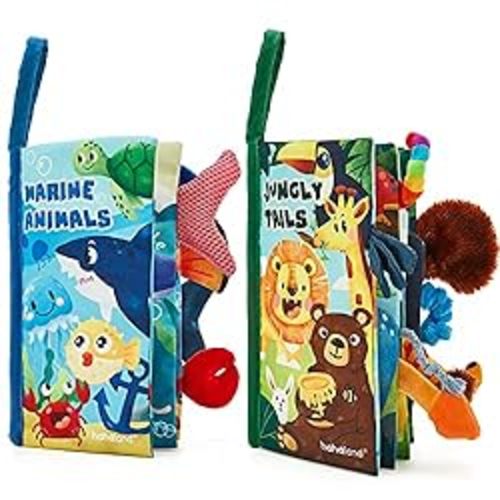 hahaland Baby Books 0-6 Months - 2PCS Baby Toys 0-6 Months Baby Toys 6-12 Months - Touch & Feel Tummy Time Books, Baby Boy Gifts, Sensory Stroller Toys 0 3 4 6 Month Old Toys - A - Jungle & Marine Animals Tails