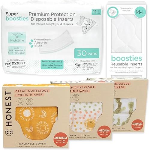 Honest Hybrid Cloth Diaper Cover + Super Boosties Disposable Inserts 30ct + Reusable Inserts, Medium (12-25 lbs), Cotton Muslin Honest Covers Feature Pocket-Sling, Starter Kit