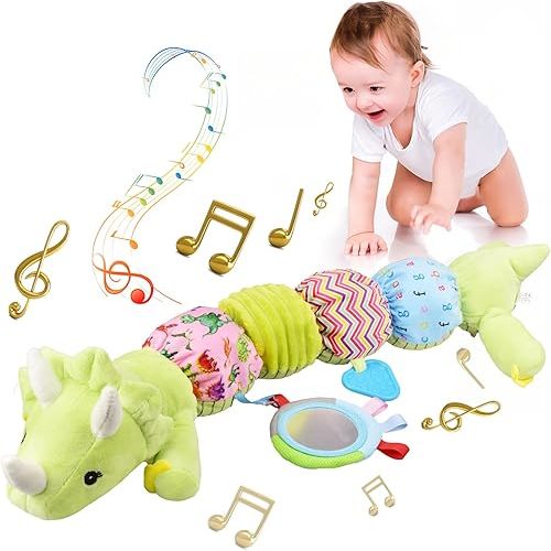 Baby Toys 0-12 Months, Musical Stuffed Animal Toys for 0-3-6-12 Months, Soft Sensory Caterpillar Toys with Crinkle and Rattles, Infant Tummy Time Toys Gifts for Newborn Boys Girls (Dinosaur)