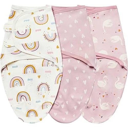insular Baby Swaddle Wrap, Swaddle Blanket for Newborn and Infant, Adjustable Swaddle Set for Boy and Girl, Soft Cotton Baby Sleep Sack 3 Pack, Pink Swan, Small(0-3 Month)