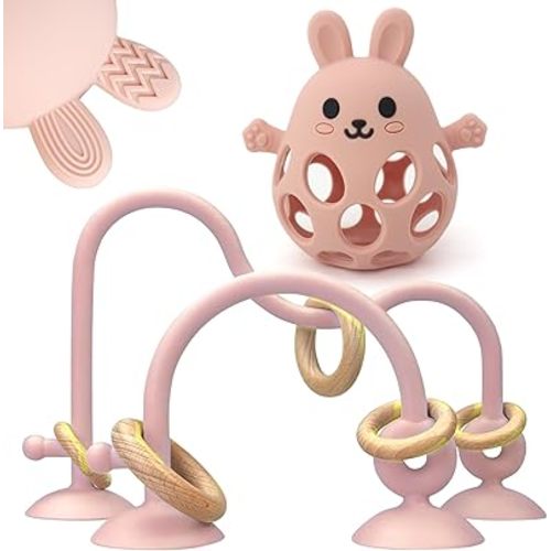 Baby High Chair Suction Toys Teething Chew - Baby Teething Toys Silicone Teethers Table Toys, Food Grade Silicon for 6 12 18 Months (RPinkFPink)
