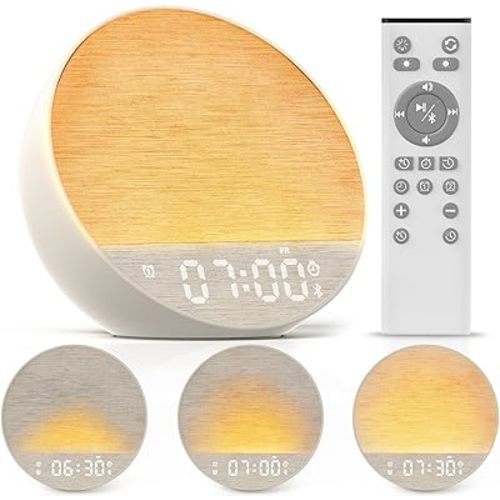 Tap-to-Snooze Sunrise Alarm Clock with Sound Machine, 36 Sounds White Noise Machine for Sleeping Adults, Gradual Sunrise Clock with Bluetooth Speaker & Remote Control, 15-Color Night Light丨Putty