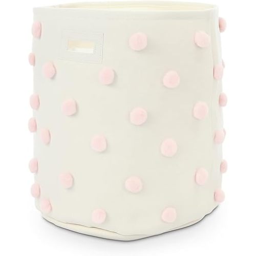 17.5" D x 20.8" H Pink Pom Pom Basket Bin Blush Large Cotton Canvas Laundry Hamper Baby Girl Laundry Basket Storage, Baby Nursery Hamper for Nursery Playroom Home Pink Room Organizer Decor