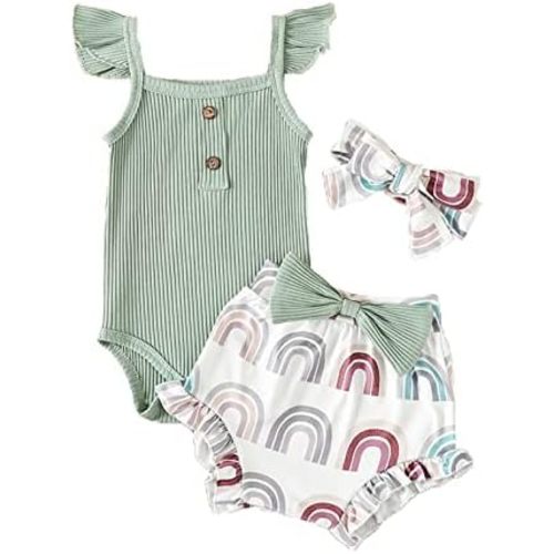 Thorn Tree Newborn Baby Girls Clothes Sleeveless Solid Romper Top & Rainbow Shorts Headband 3Pcs Summer Outfits