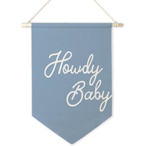 ArtisaEura Western Nursery Wall Canvas Banners, Western Nursery Decor, Blue Howdy Baby Hanging Display Pennant Banner Flags, Baby Girl Boy Wall Decor for Kids Room Bedroom Playroom