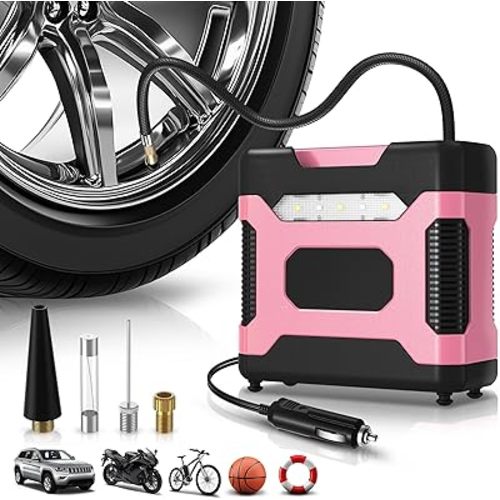 Auto Dynasty Digital Tire Inflator Portable Air Compressor, 12V DC 150 PSI Power Electric Car Tire Air Pump with LED Light and Pressure Gauge for Car, Motorcycle, Bicycle, Bike, Ball (Pink)