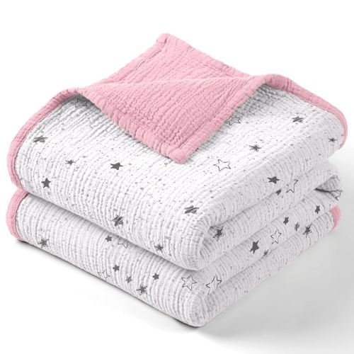 Lulu Moon Muslin Baby Blanket - Cotton Quilt Blankets for Toddlers - Reversible Nursery Crib Blanket for Baby Boys and Girls 47"x47"(Pink Star)