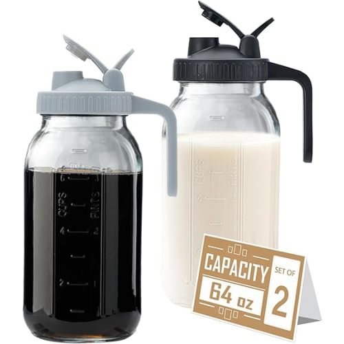 64oz Glass Pitcher with Lid - 2 Quart Mason Jar Pitcher with Spout, Leak-proof Milk Container for Refrigerator, Easy to Clean Wide Mouth Water Jug, Juice, Tea, Iced Coffee, Beverage and Drinks