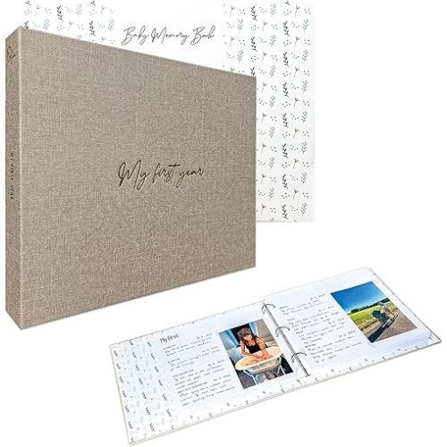 Premium Baby Memory Book - Milestone Scrapbook for Boy/Girl with 300+ Prompts from Pregnancy to Babys First Year - Linen Beige Cover - Baby Book Keepsake Photo Album