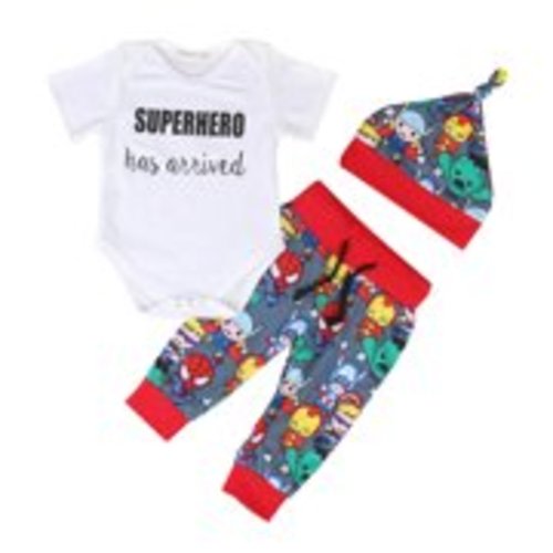 Newborn Infant Baby Boy Outfits Superhero Romper T-shirt+Long Pants Hat 3pcs Set