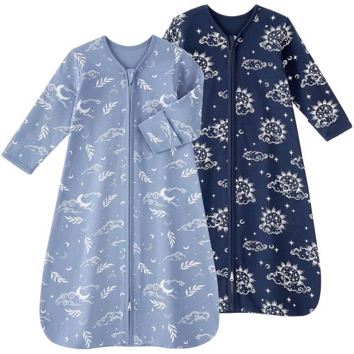 Baby Sleep Sack 0-6 Months, Long Sleeve Baby Wearable Blanket 0.5 Tog with Mittens, 2-Way Zipper Newborn Cotton Sleeping Sack for Boy and Girl Blue Stars 2 Pack (Small)