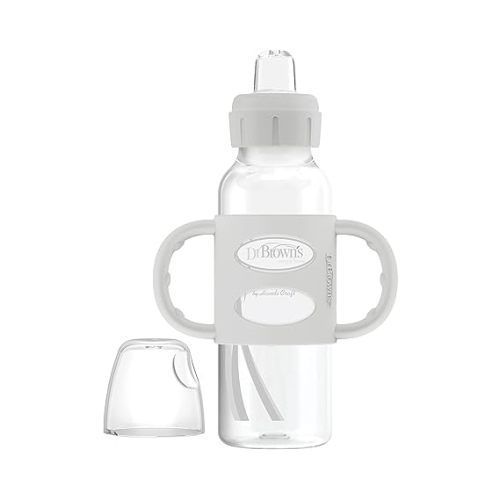 Dr. Brown's Milestones Narrow Sippy Spout Bottle with 100% Silicone Handles, Easy-Grip Handles with Soft Sippy Spout, 8oz/250mL, Gray, 1-Pack, 6m+