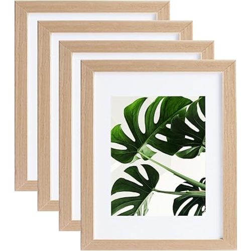 11 x 14 Solid Wood Picture Frame with Tempered Glass Set of 4, Natural Wooden Photo Frame with Mat to 8" x 10" & 5" x 7" Picture for Tabletop and Wall Mounting, 11 by 14 Wood Frame, Light Wood