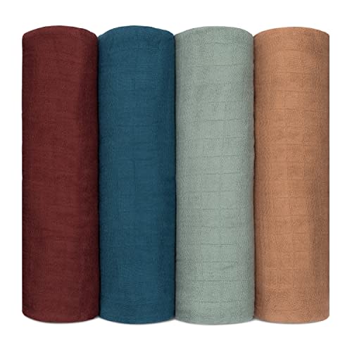 Comfy Cubs Muslin Swaddle Blankets (Pack of 4) - 47” x 47”, Soft Cotton Baby Blanket Set, Large Swaddling Wraps for Newborns - Self-Soothing Baby Swaddle - (Wine, Neptune, Fern, Caramel)