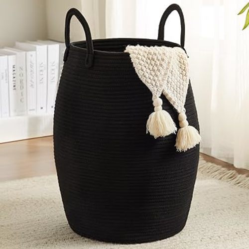 Fiona's magic Cotton Rope Laundry Hamper Basket, 65L Woven Large Laundry Basket, Tall Dirty Clothes Hamper for Storage Blankets, Toys in Bedroom, Living Room Organizing-Collapsible-Black