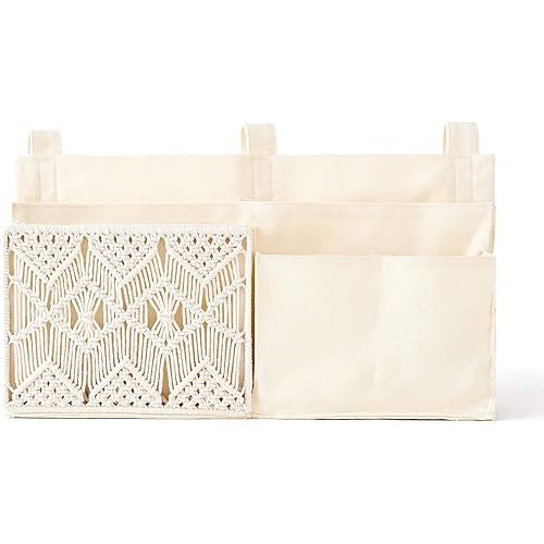 Mkono Bedside Caddy Hanging Organizer, Bunk Woven 7 Pockets Bed Storage Bag Boho Remote Magazine Books Holder with Macrame for Loft Bed College Dorm Bedroom Baby Bed Rails, Ivory