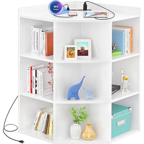 Aheaplus Corner Cabinet, White Corner Storage with USB Ports and Outlets, Corners Cube Toy Storage for Small Space, Wooden Cubby Corner Bookshelf with 9 Cubes for Bedroom, Living Room, Office, White