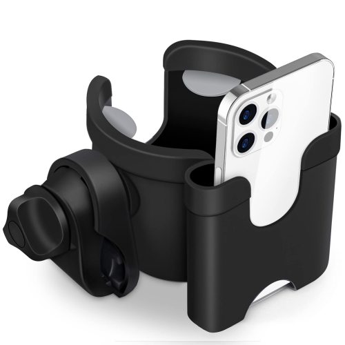 Stroller Cup Holder with Phone Holder/Organizer, Universal Bike Cup Holder, 2-in-1 Bottle Holder for Stroller, Bike, Wheelchair, Walker, Scooter,Black