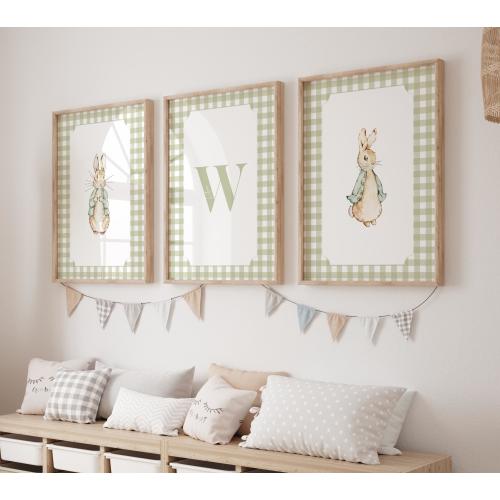 Rabbit Nursery Decor, Vintage Rabbit Print Set, Neutral Nursery Art, Cottagecore Vintage Nursery, Green, Gingham, Digital, Printable, Framed