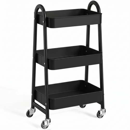 ZUNMOS 3 Tier Rolling Cart, Metal Utility Storage Cart with Lockable Wheels for Livingroom, Bathroom, Kitchen & Narrow Spaces,Black