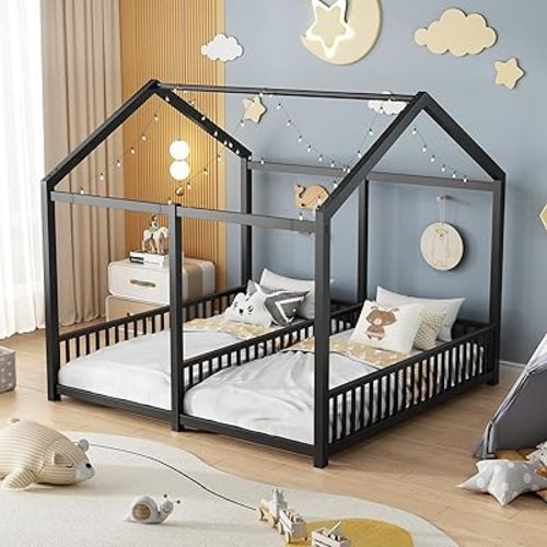 Double Montessori Floor Bed with Fence & Roof for Two Kids Teens Boys Girls,Twin Floor Bed,Easy Assemble,No Box Spring Needed, Black