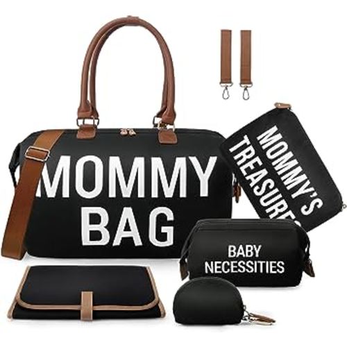 printe 6pcs Large Diaper Bag Tote with Changing Pad & 2 Organized Pouches, Mommy Bag for Hospital with Pacifier Case, Straps, Stroller Hook, Baby Diaper Bag for Weekender Travel