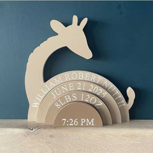 Personalised wooden giraffe stacker, rainbow stacker, engraved rainbow stacker, personalised new baby gift, giraffe baby gift