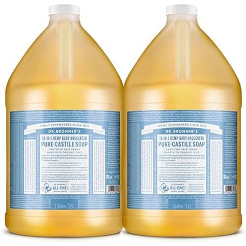 Dr. Bronner's - Pure-Castile Liquid Soap (Baby Unscented, 1 Gallon, 2-Pack) - Made with Organic Oils, 18-in-1 Uses: Face, Hair, Laundry and Dishes, for Sensitive Skin and Babies, No Added Fragrance