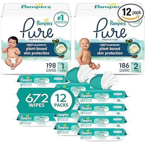 Pampers Pure Protection Disposable Baby Diapers Starter Kit (2 Month Supply), Sizes 1 (198 Count) & 2 (186 Count) with Aqua Pure Sensitive Wipes, 12X Pop-Top Packs (672 Count) - Size 1 & Size 2