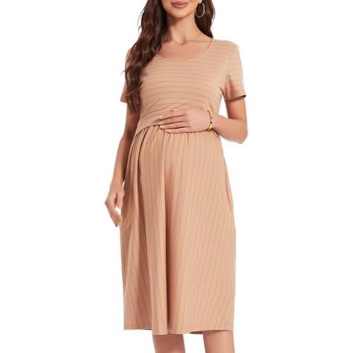 Women's Maternity Nursing Dress for Breastfeeding Striped Short Sleeve Pregnancy Dresses with Pockets