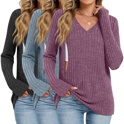 3 Pack Women's Maternity Nursing Tops, V Neck Breastfeeding Sweaters Long Sleeve Hidden Zipper Shirts