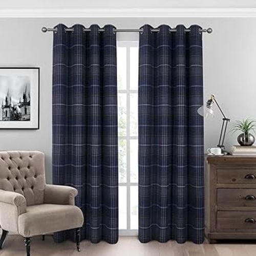 always4u 100% Blackout Woolen Look Plaid Curtains Modern Window Panels Navy Blue Checkered Tartan Curtains for Living Room Bedroom 2 Panels Navy Blue 54 * 84 Inches